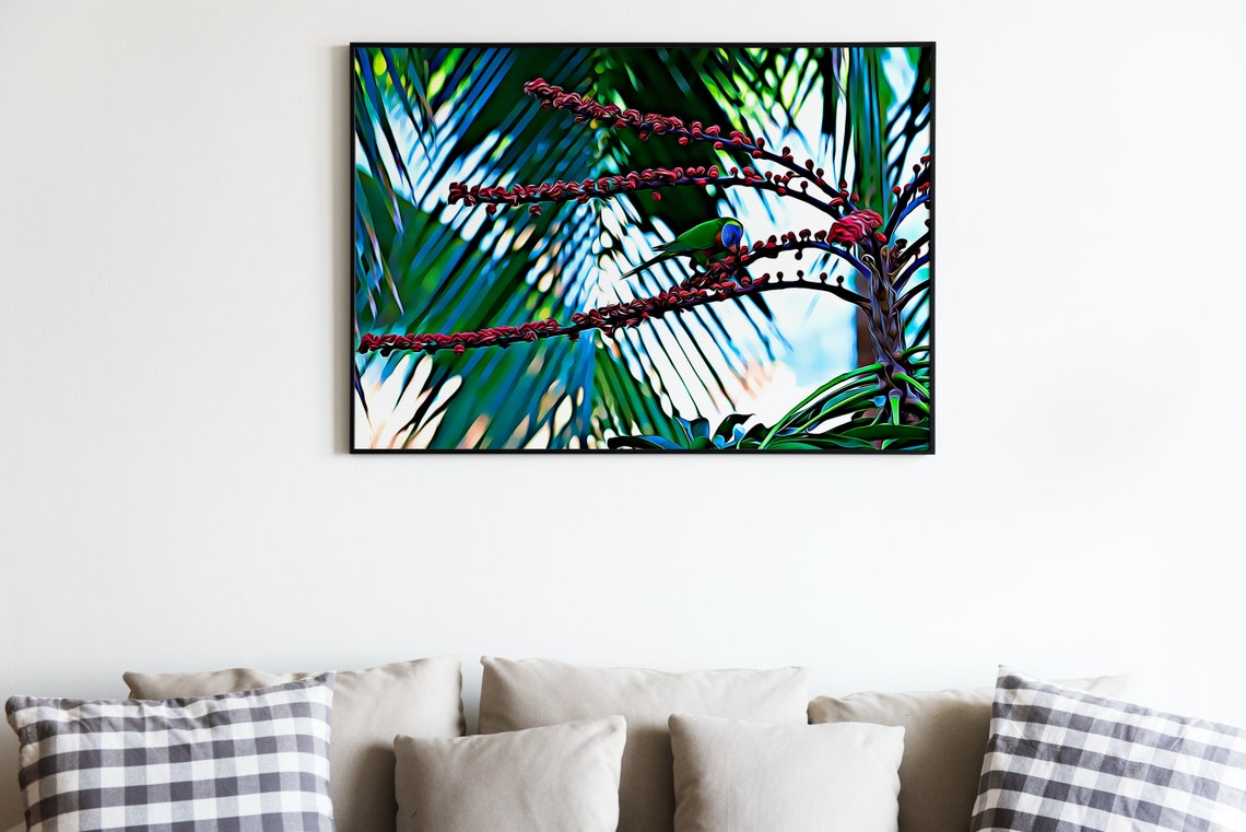 Small Green Parrot Feeding on Red Blossoms Vibrant Bird Art Poster - Image 3