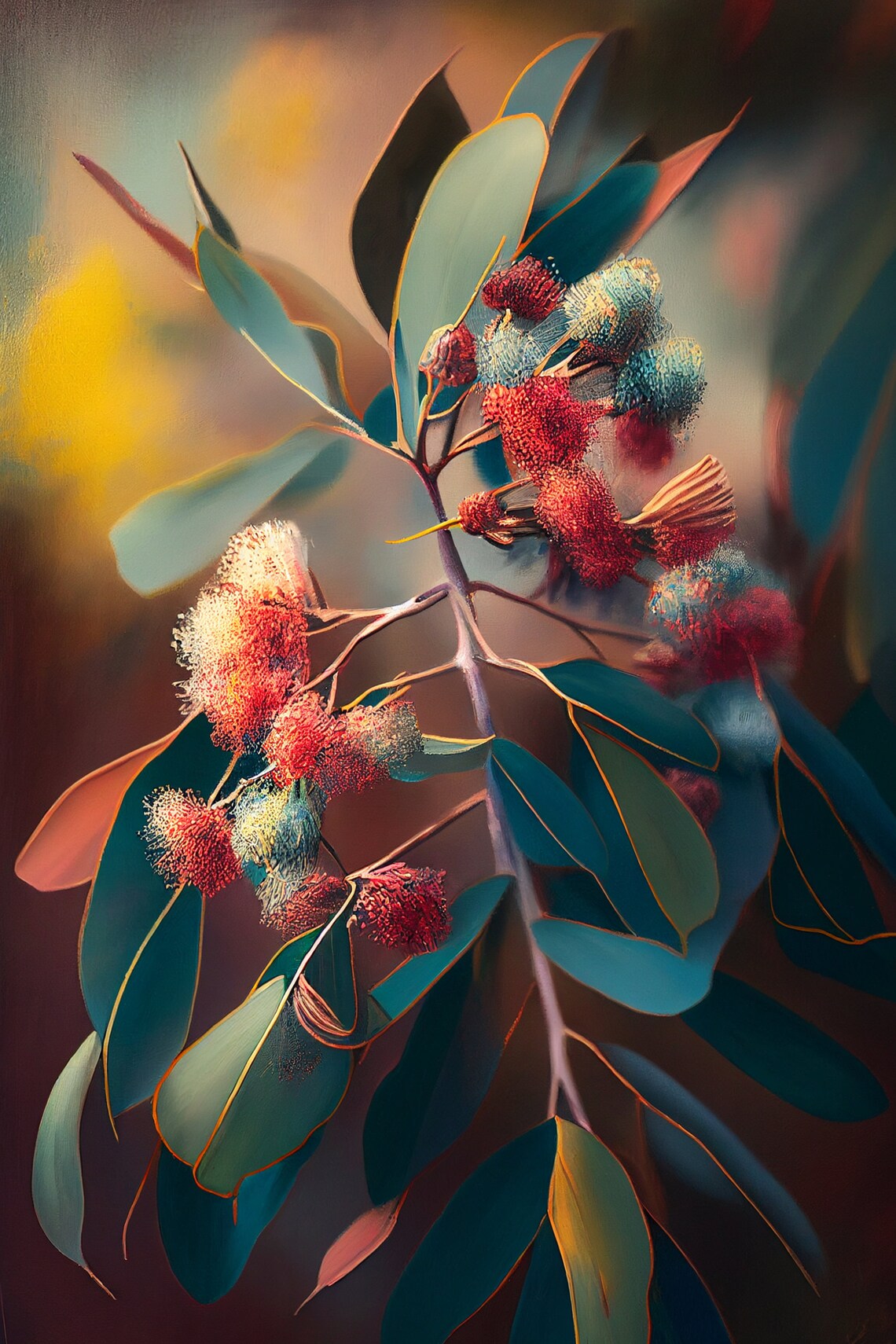Eucalyptus Blossom Branch Teal and Coral Floral Painting Poster - Image 2