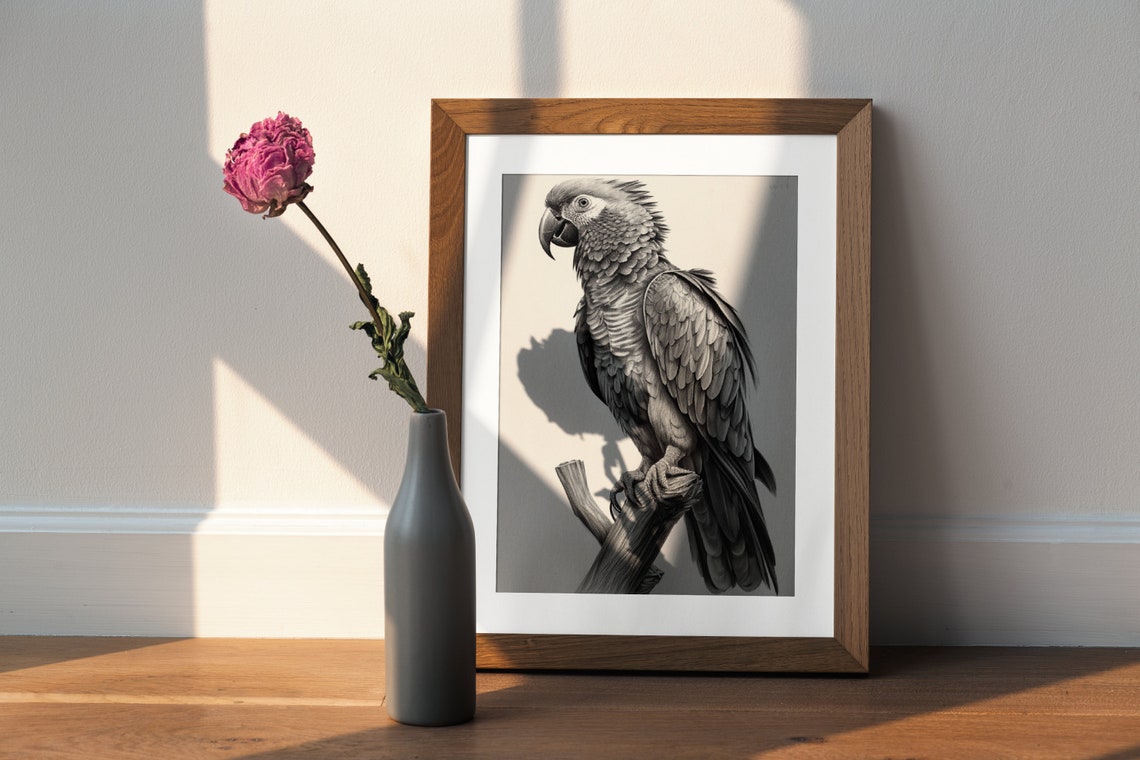 Parrot Pencil Sketch Black and White Bird Drawing Art Poster