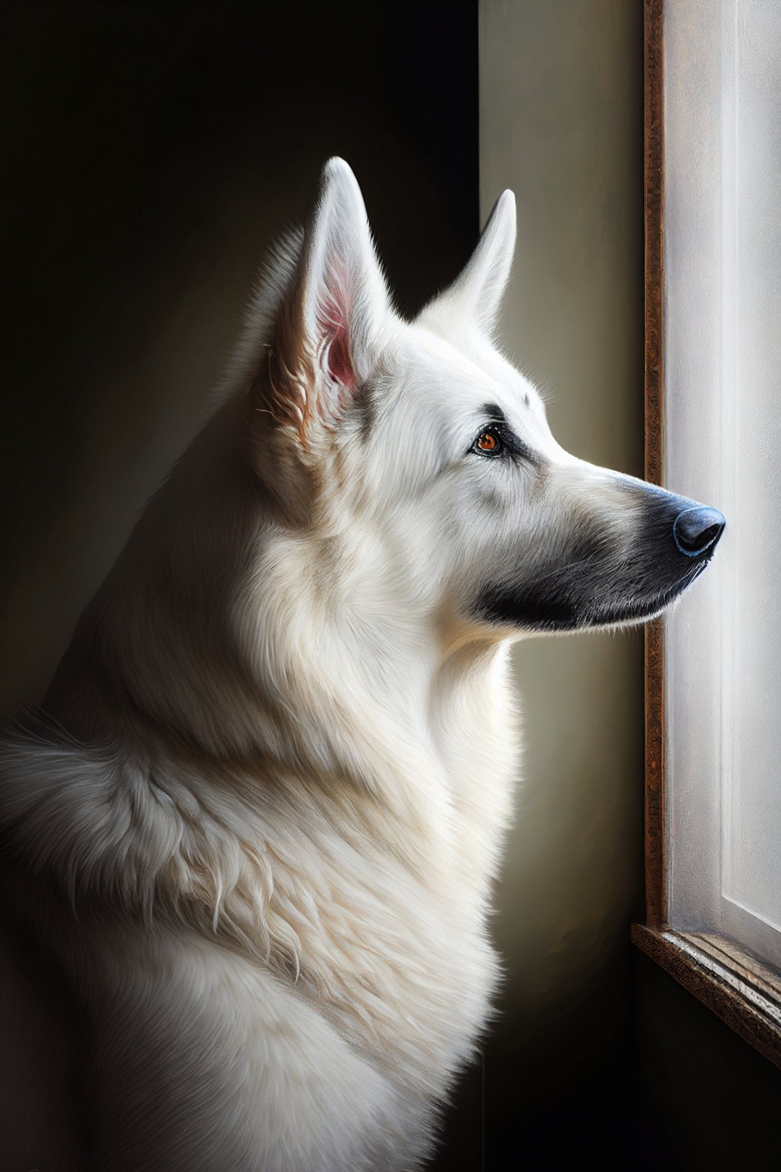 White German Shepherd Profile Gazing Out the Window Art Poster - Image 2