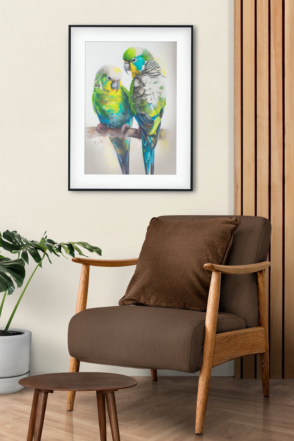 Pair of Cuddling Budgie Parakeets Watercolor Bird Artwork Poster - Image 2