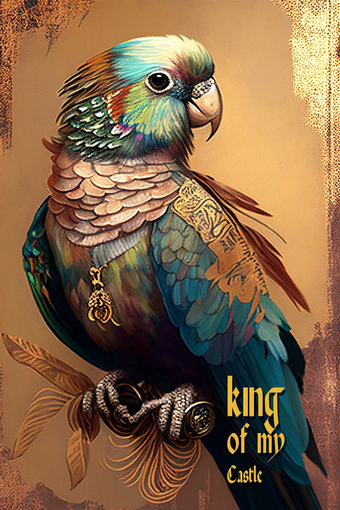 Royal Parakeet Portrait Customizable Golden Bird Painting Poster - Image 2