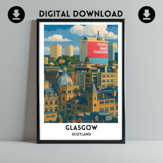 People Make Glasgow Rooftops Poster Art Print Scottish City Travel Cityscape Wall Home Gift