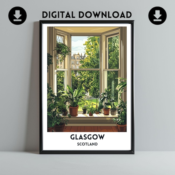 Glasgow Tenement Bay Window Greenery Art Print Scottish City Travel Poster Cityscape Wall Home Gift