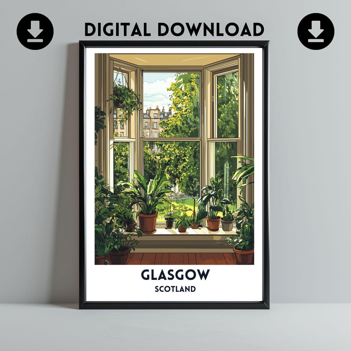 Glasgow Cozy Tenement Bay Window Plants Scotland Cityscape Poster