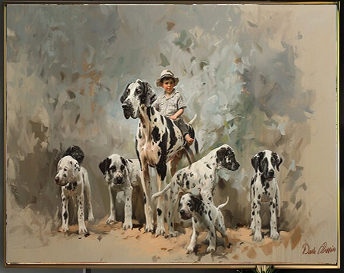 Boy Riding a Harlequin Great Dane with Dalmatian Pack Poster - Image 2