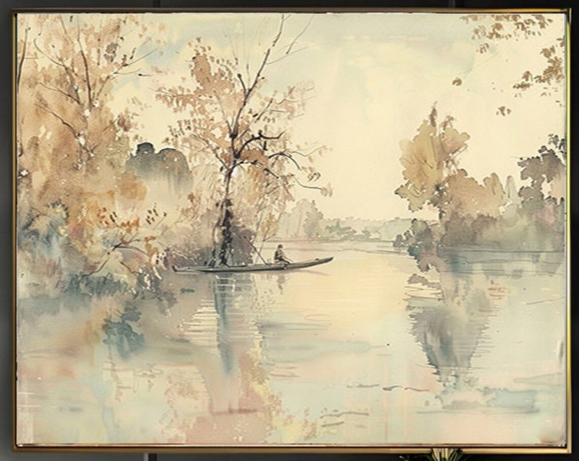 Lone Fisherman in a Canoe on a Misty Autumn Morning Lake Poster - Image 2