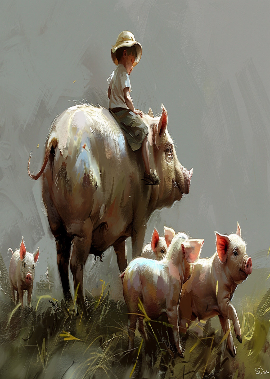 Boy Riding a Sow with Playful Piglets in Green Pasture Poster - Image 3