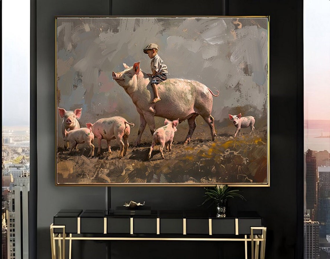 Boy Riding a Big Sow with Piglets on a Rustic Farm Painting Poster