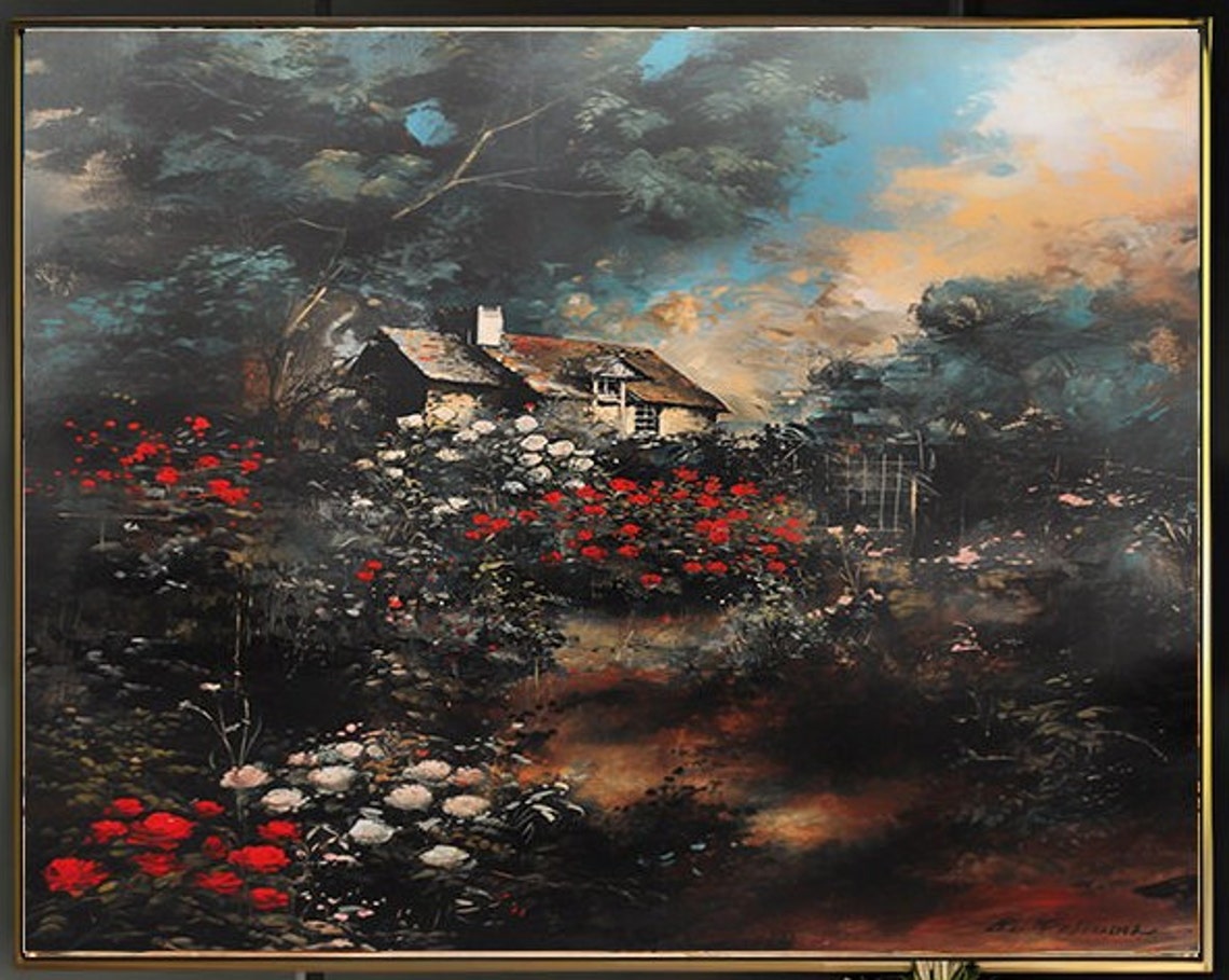 Moody Twilight Cottage Rose Garden Under Dramatic Cloudy Sky Poster - Image 2