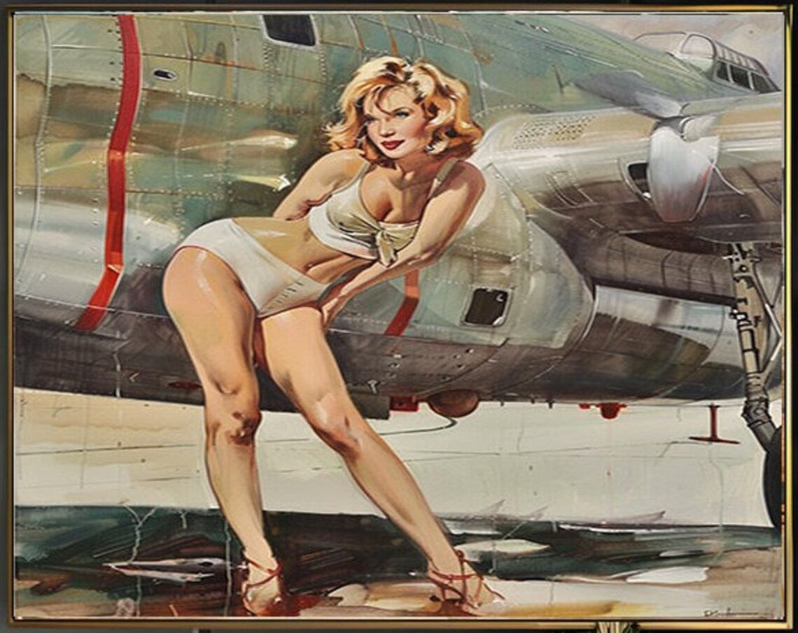 Blonde Pinup Girl Leaning Against an Airplane Vintage Poster