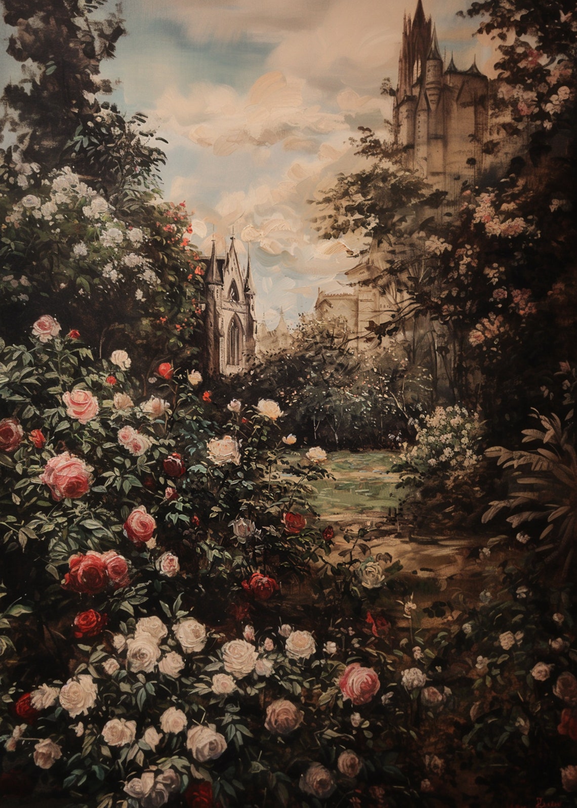Gothic Chapel Behind Rose Garden Under Muted Sepia Clouds Poster - Image 3