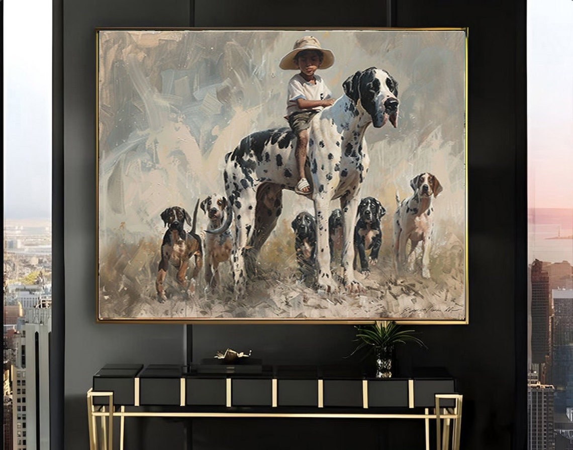 Boy Riding a Great Dane with Hounds Around Him Oil Art Poster