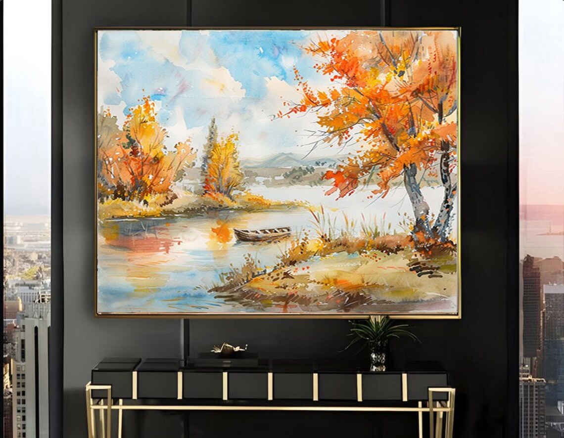 Bright Autumn Lake Scene with Rowboat Watercolor Painting Poster