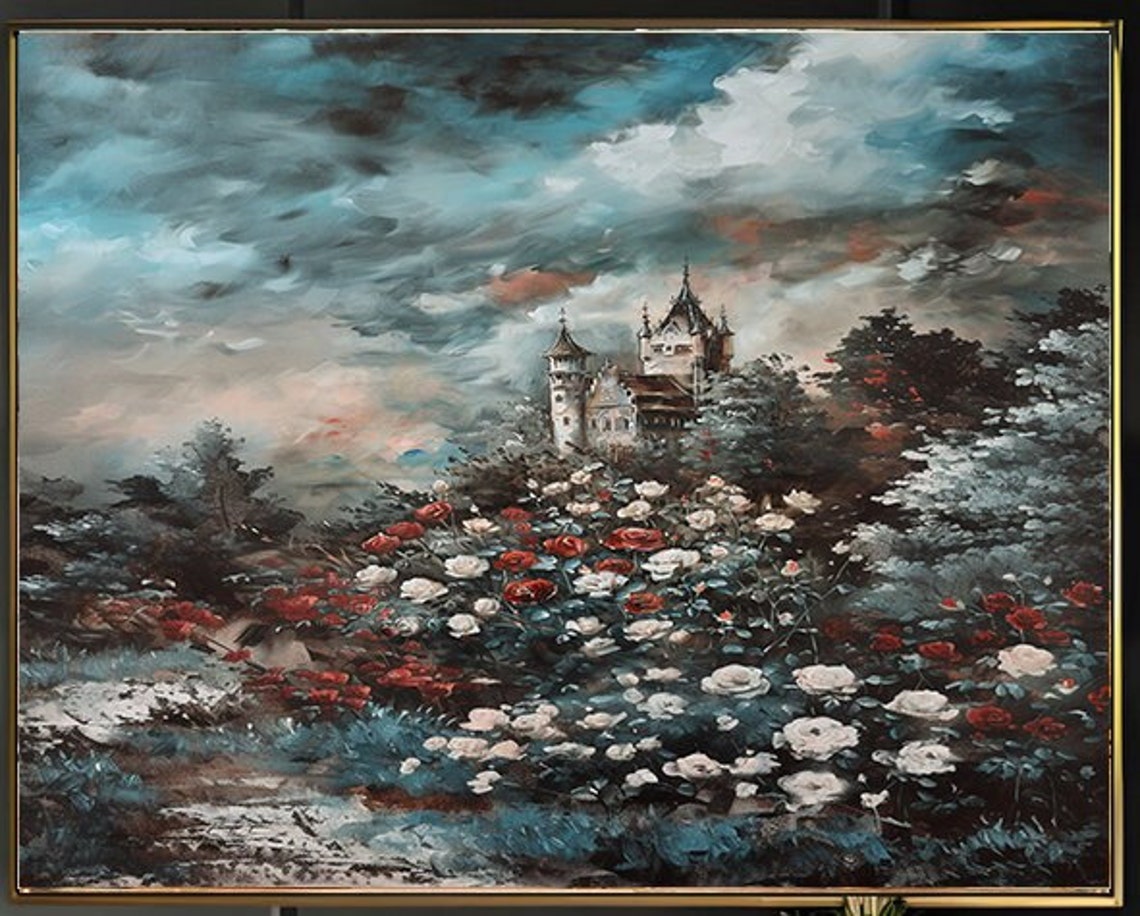 Hilltop Castle Above Sweeping Red White Rose Garden Storm Poster - Image 2