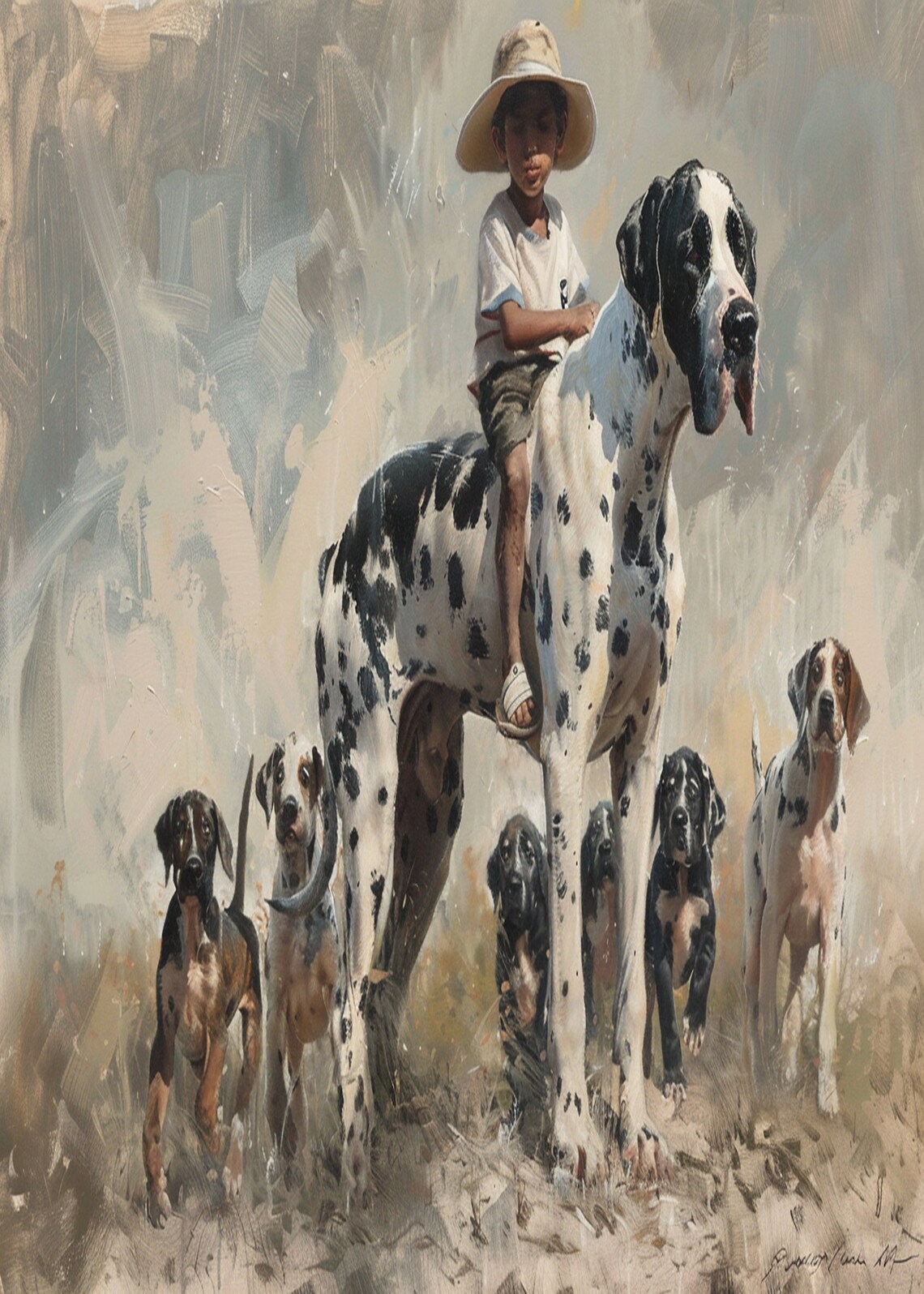 Boy Riding a Great Dane with Hounds Around Him Oil Art Poster - Image 3