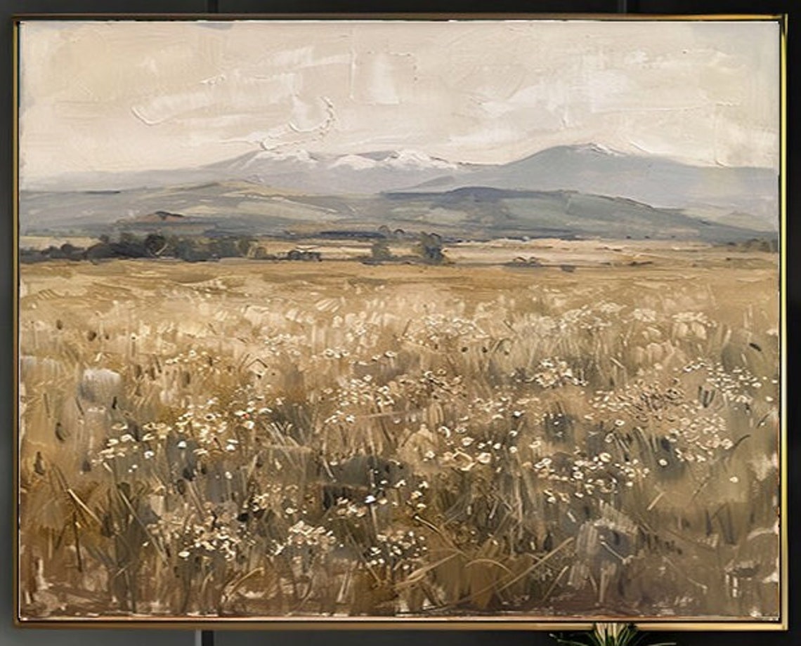 Golden Wheat Field Before Mountains Vintage Landscape Wall Art - Image 2