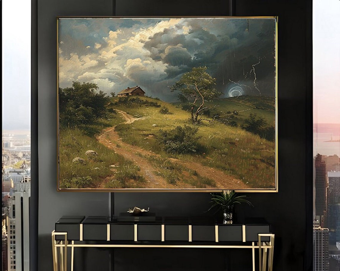 Hilltop Cottage Under Stormy Lightning Sky Winding Road Poster