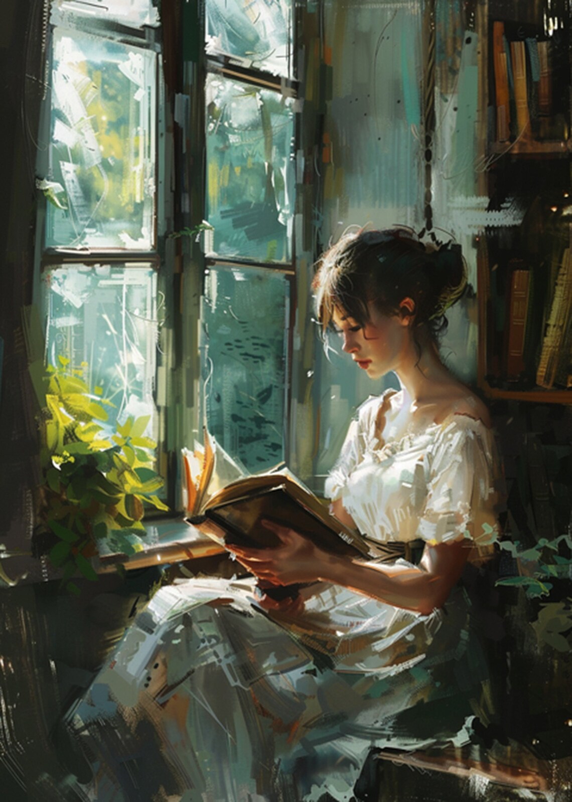 Woman Reading by a Library Window Vintage Oil Painting Poster - Image 2