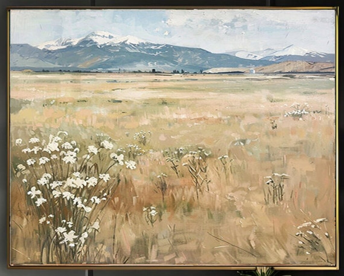 Sunlit Prairie Snowcapped Mountain Peaks Wildflower Landscape Poster - Image 2