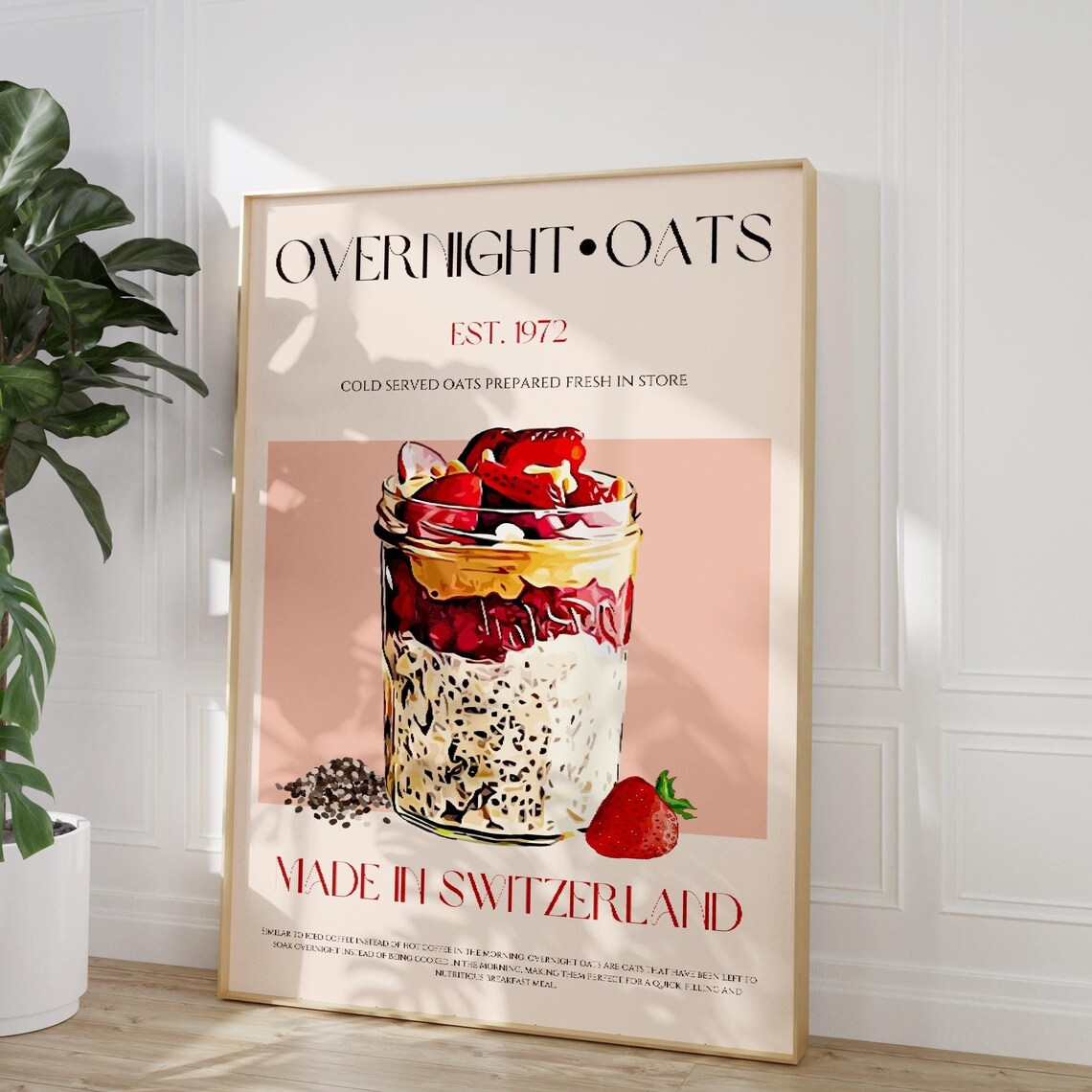 Overnight Oats Strawberry Jar Mid Century Modern Kitchen Food Poster
