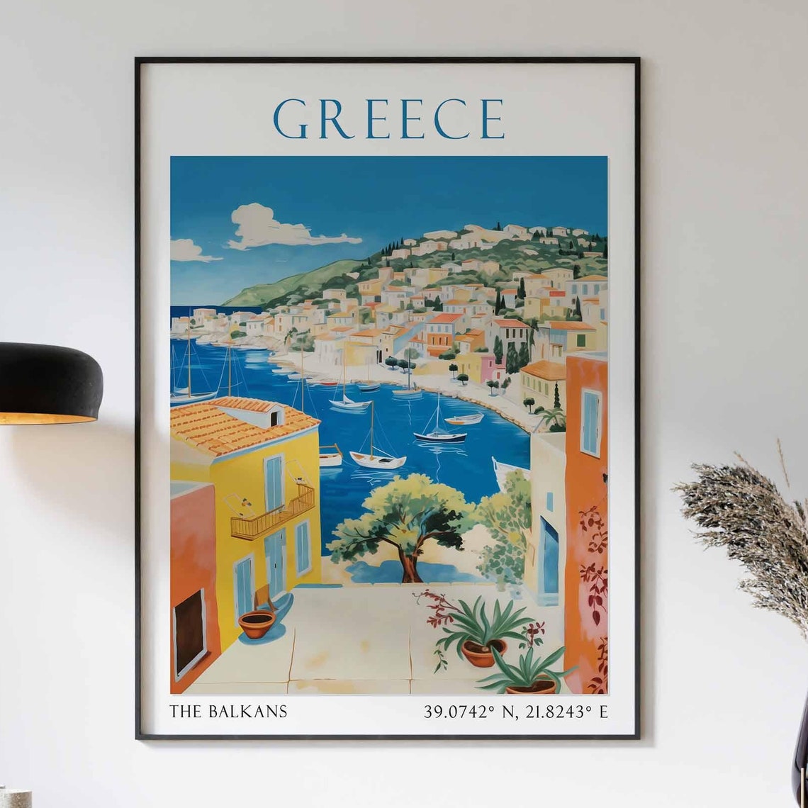Greece Harbor Bay with Sailboats and Village View Travel Poster