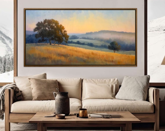 Rustic Charm At Dawn Panoramic Sunrise Painting Print Misty Meadow Wall Art Pastoral Landscape Print Rustic Panoramic Wall Art