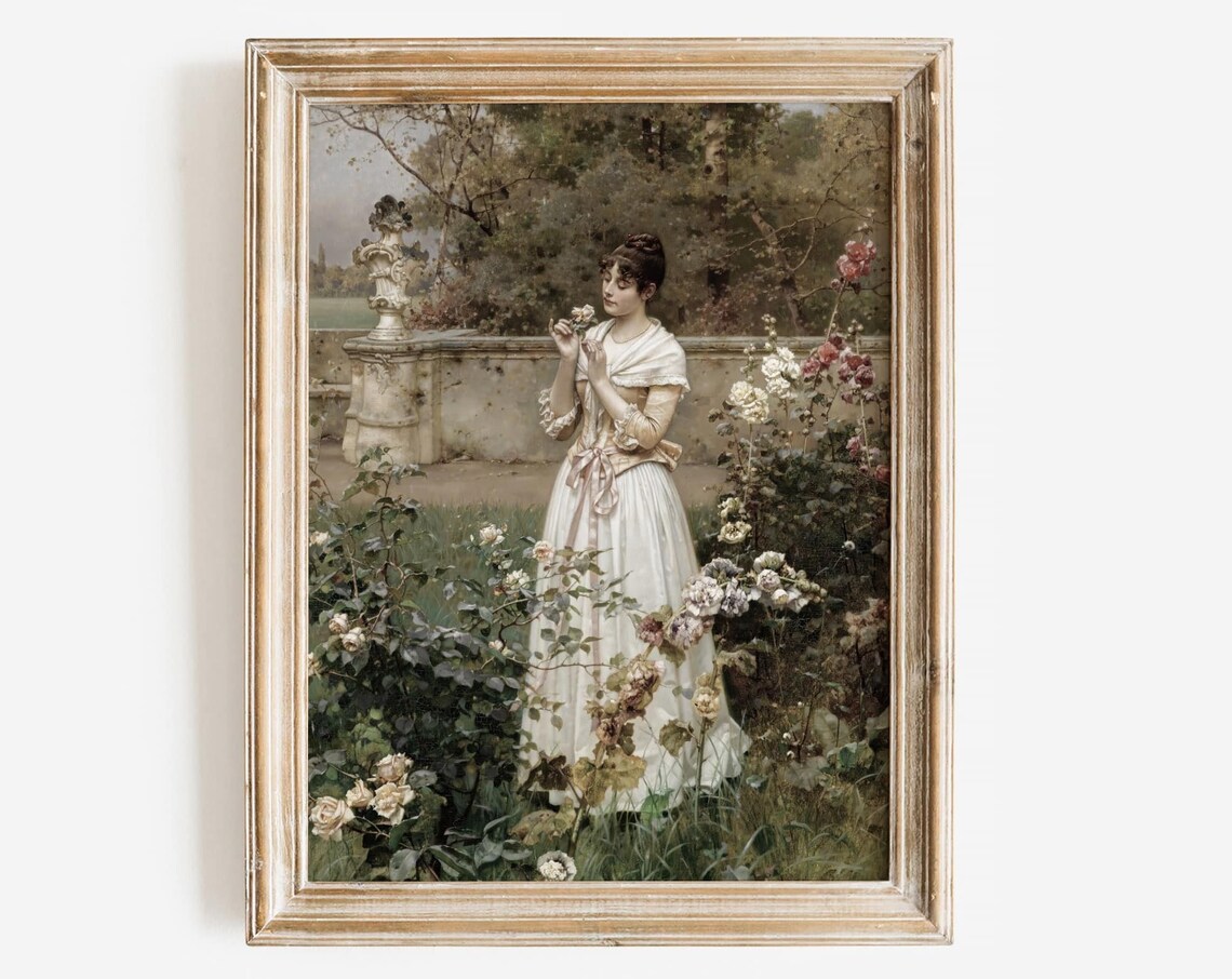 Elegant Lady in French Garden, Vintage Art Print