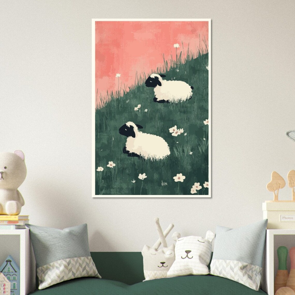 Two White Sheep Resting On A Green Flowering Meadow Art Poster - Image 4