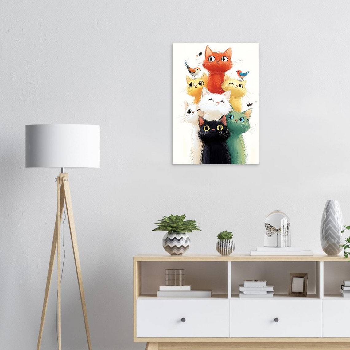 Stack Of Cute Colorful Cats With Birds Playful Nursery Decor Poster - Image 4