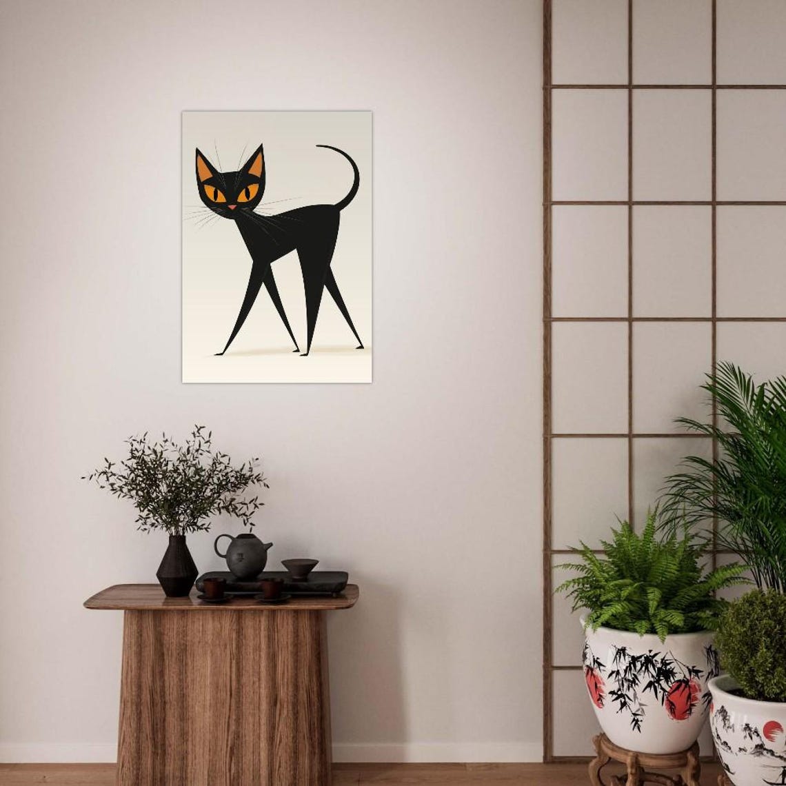Retro Minimalist Black Cat With Glowing Amber Eyes Illustration Poster - Image 4