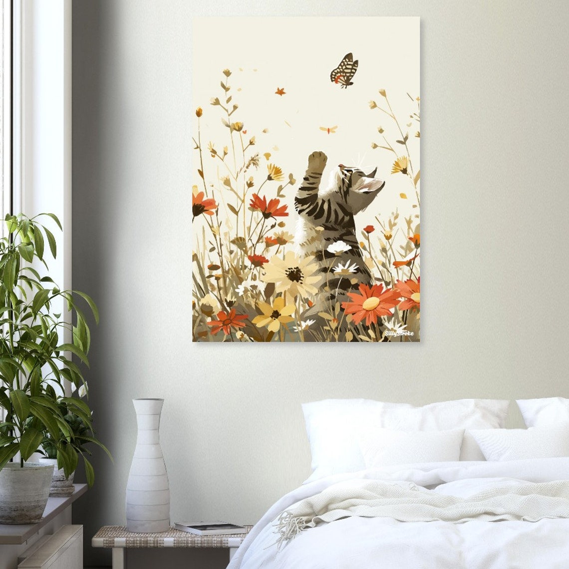 Playful Tabby Kitten Chasing Butterfly In A Wildflower Garden Poster