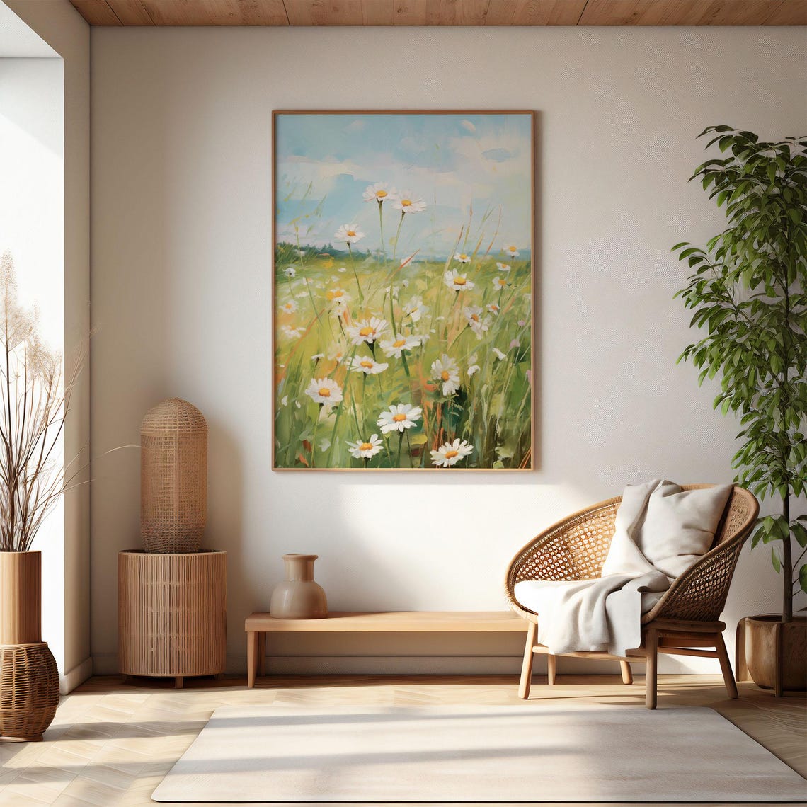 White Daisies In Green Meadow Under Blue Sky Painting Poster