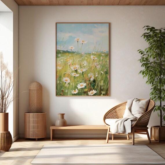 White Daisies In Green Meadow Under Blue Sky Painting Poster