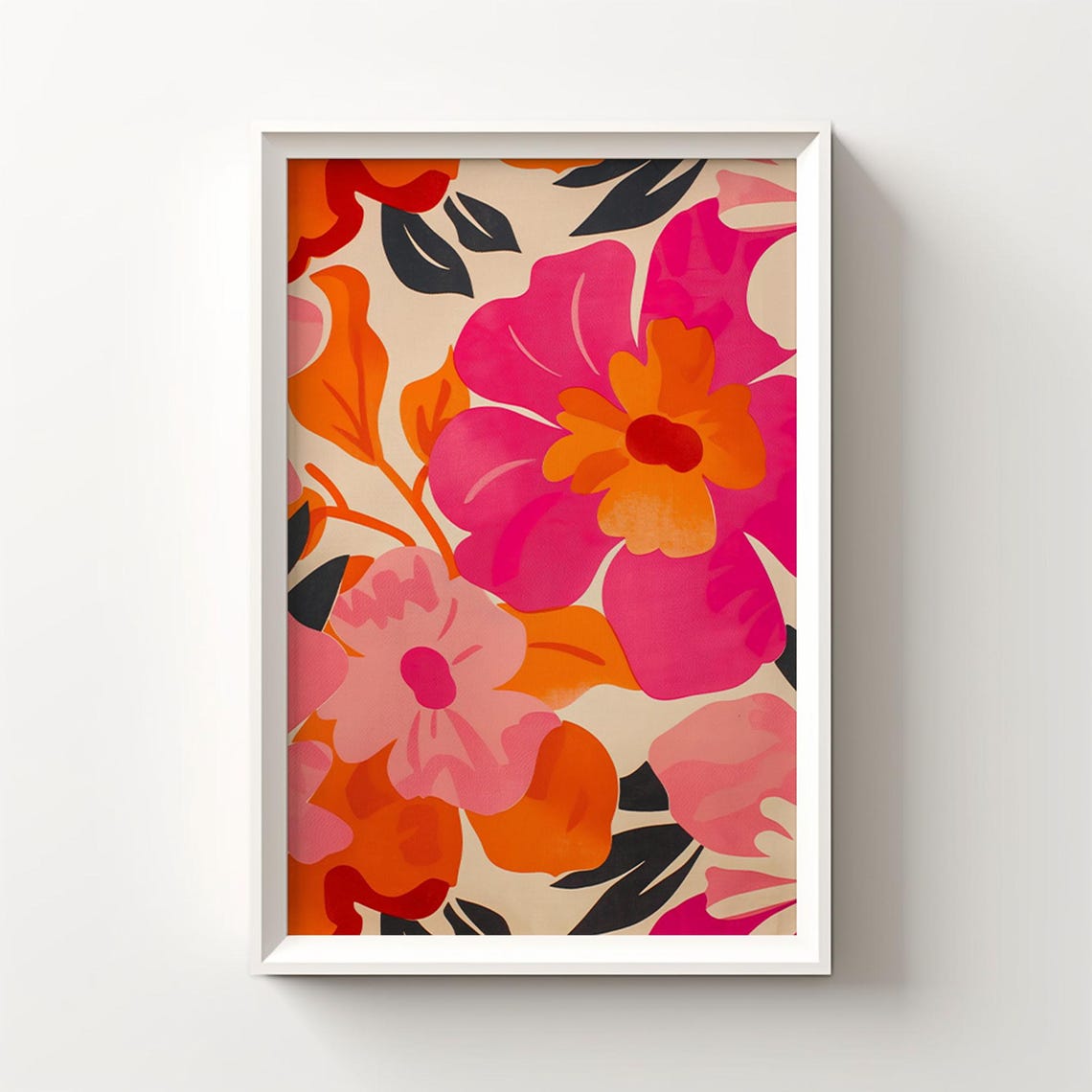 Bold Hot Pink and Orange Abstract Floral Blooms Pattern Poster