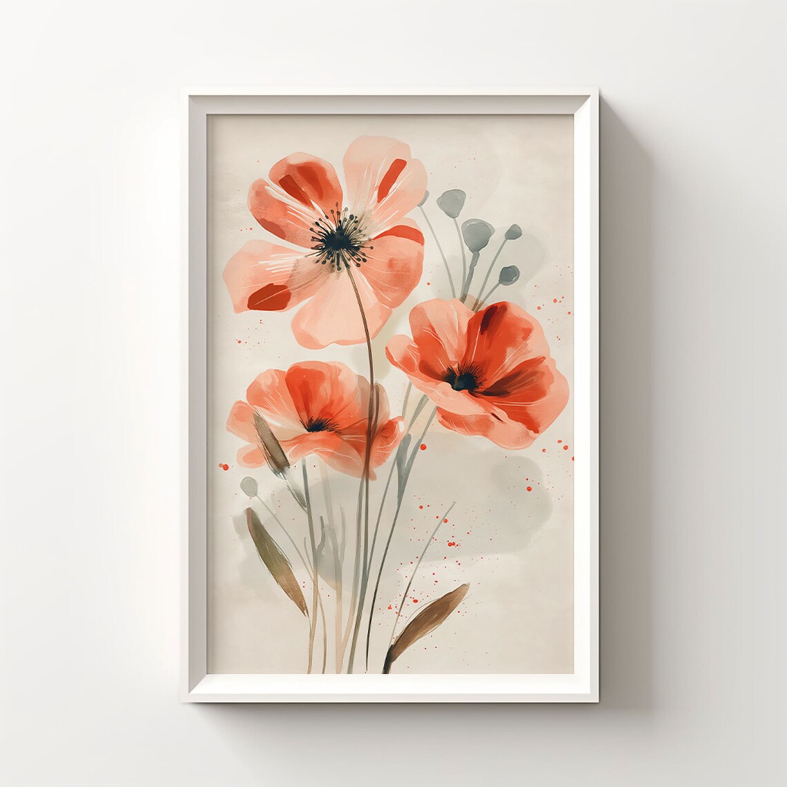Coral Red Watercolor Poppy Flowers Floral Botanical Wall Art