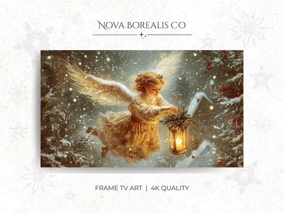 Victorian Christmas Angel Lantern Snow Vintage Holiday Art Print