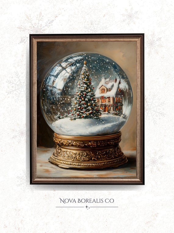 Vintage Snow Globe Art Cozy Holiday Scene With Decorated Evergreen Tree Rustic Winter Decor 68