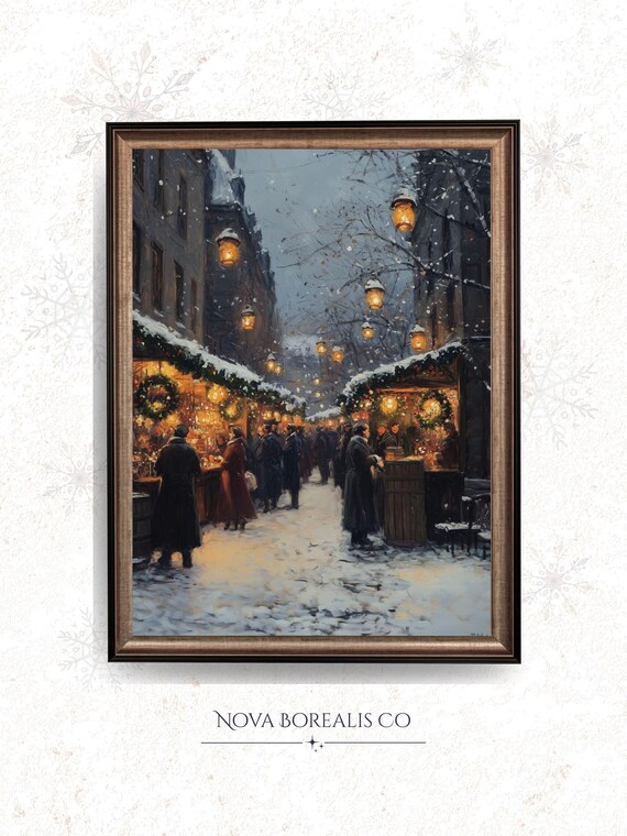 Twilight Christmas Market Snowy Vintage Holiday Street Scene Poster