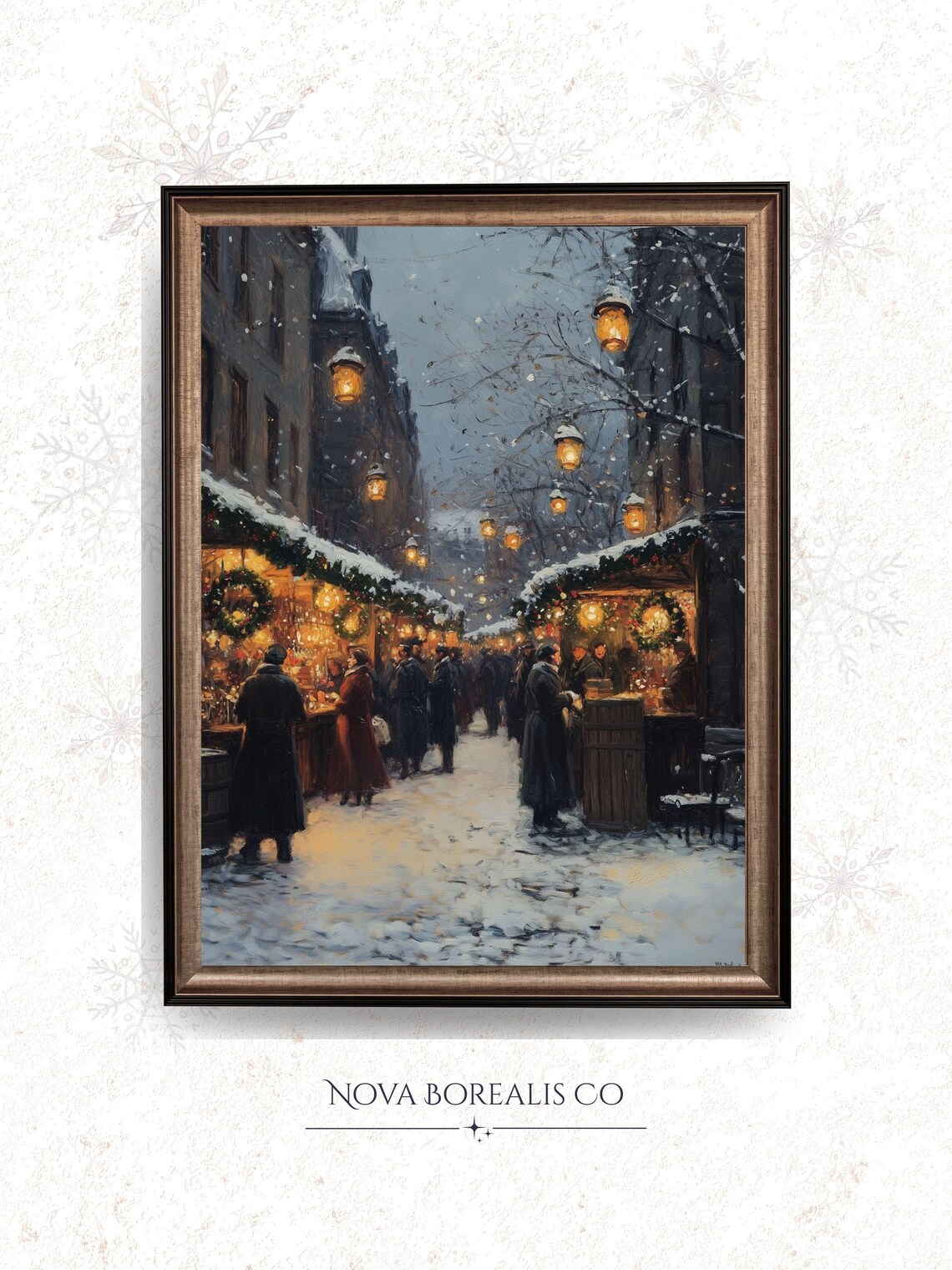 Twilight Christmas Market Snowy Vintage Holiday Street Scene Poster