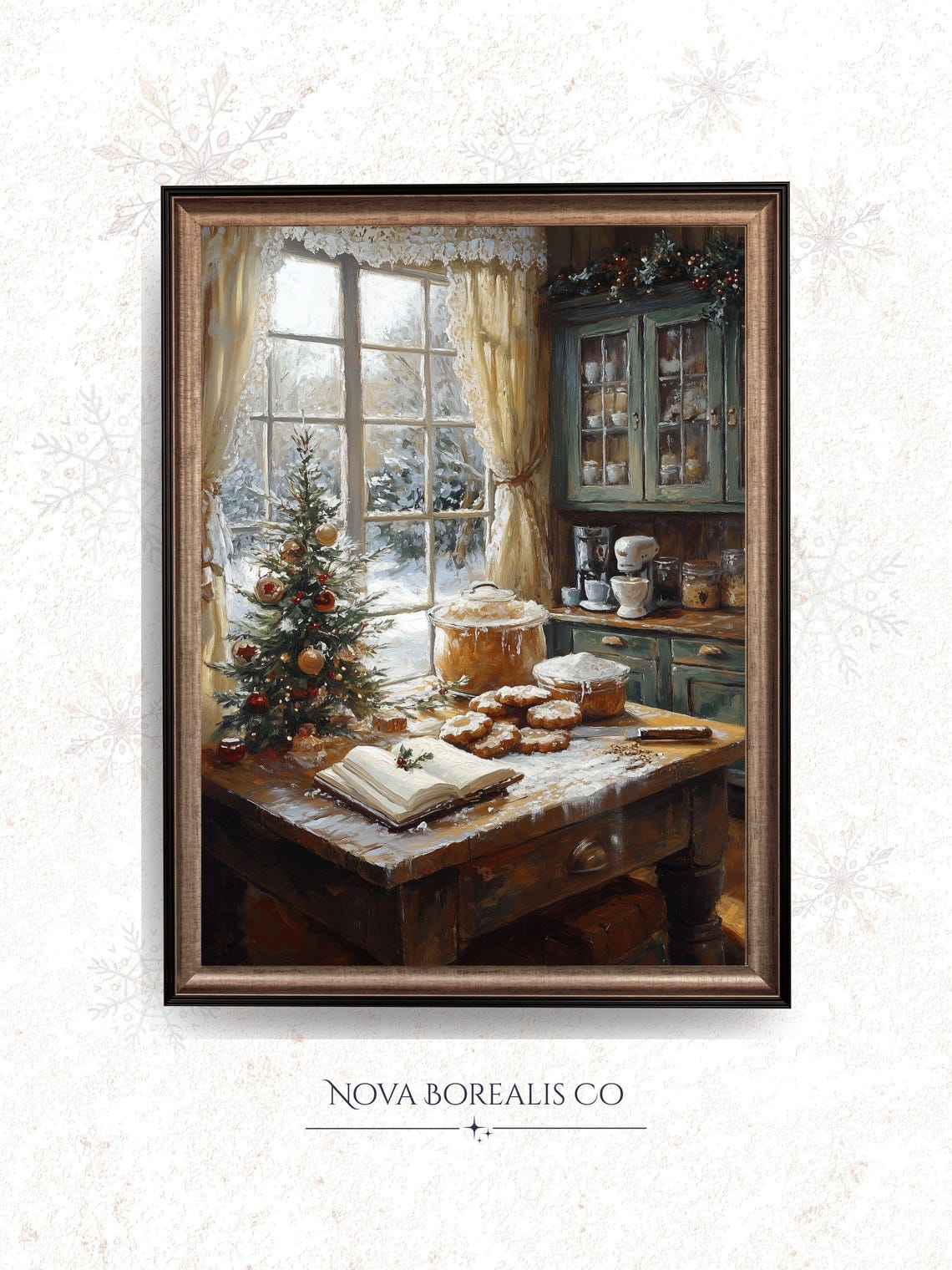 Vintage Christmas Kitchen Baking Scene Snowy Window Wall Art
