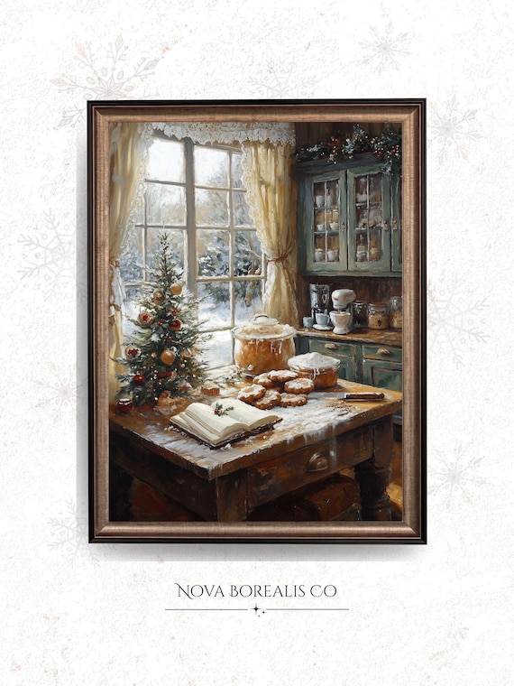 Vintage Christmas Kitchen Baking Scene Snowy Window Wall Art