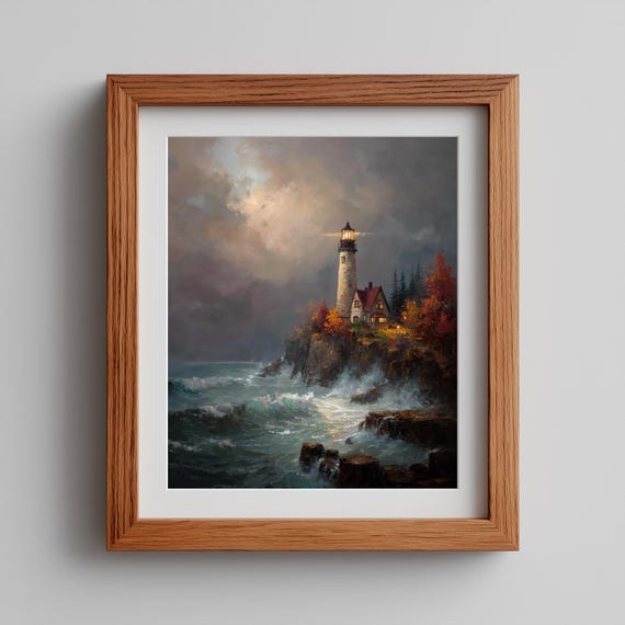 Majestic Lighthouse Oil Painting Moody Coastal Scene Rustic Ocean Wall Art Stormy Autumn Decor Print 8