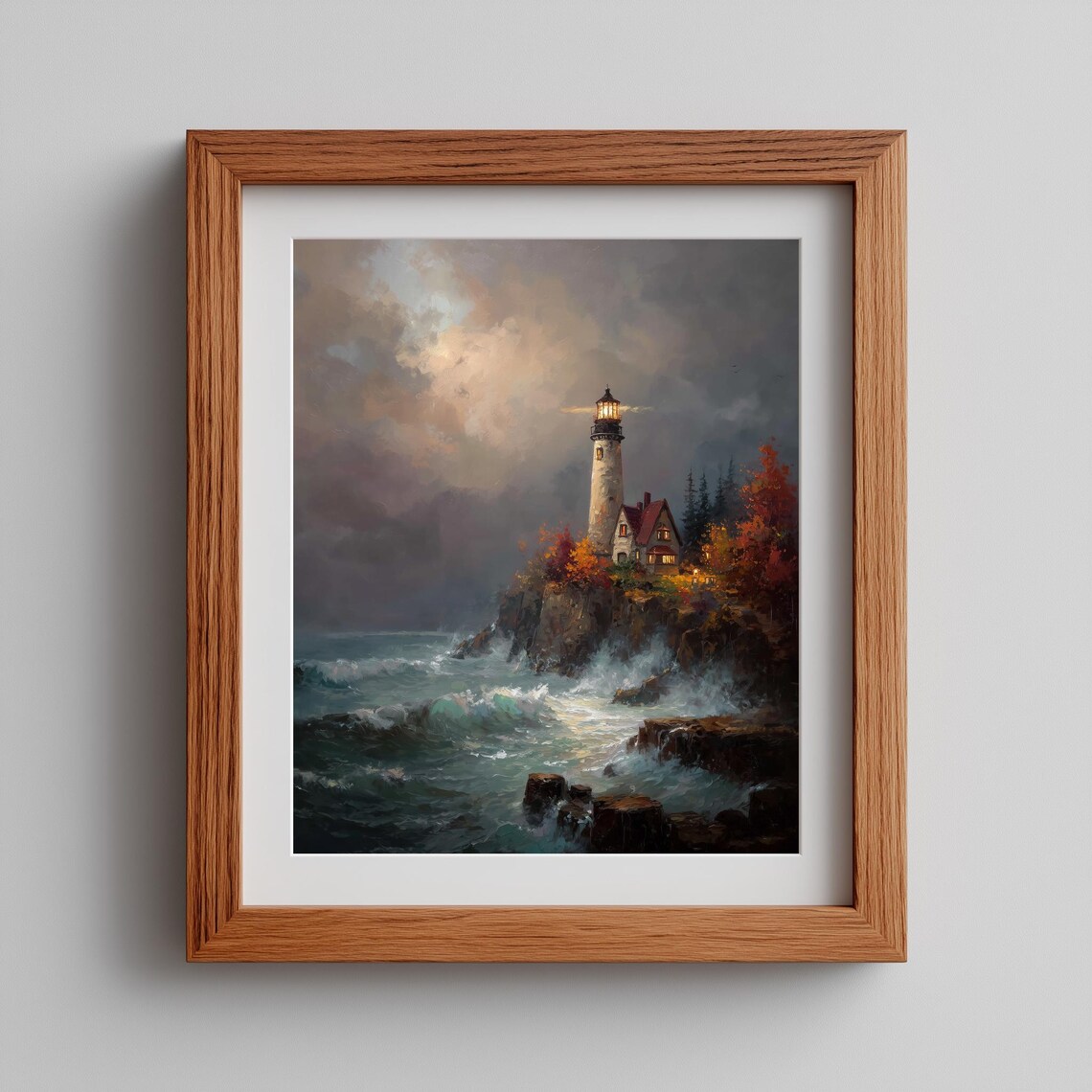 Stormy Lighthouse Oil Painting Rocky Cliff Waves Keeper House Coastal Poster