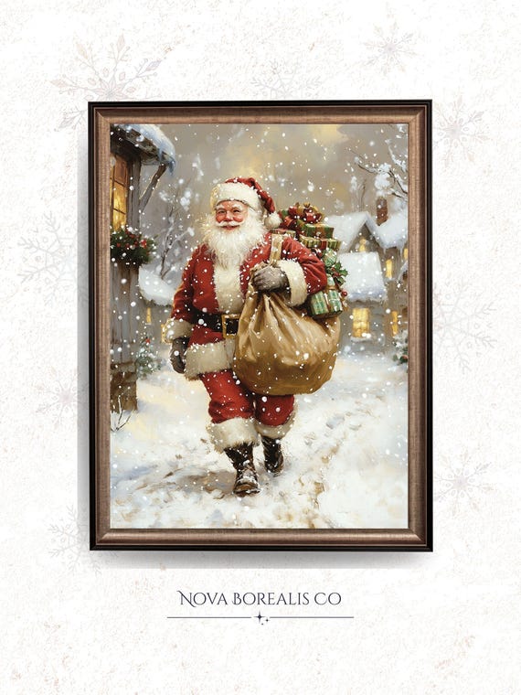 Vintage Santa Claus Wall Art Classic Christmas Scene Cozy Holiday Decor Festive Snowy Illustration 105