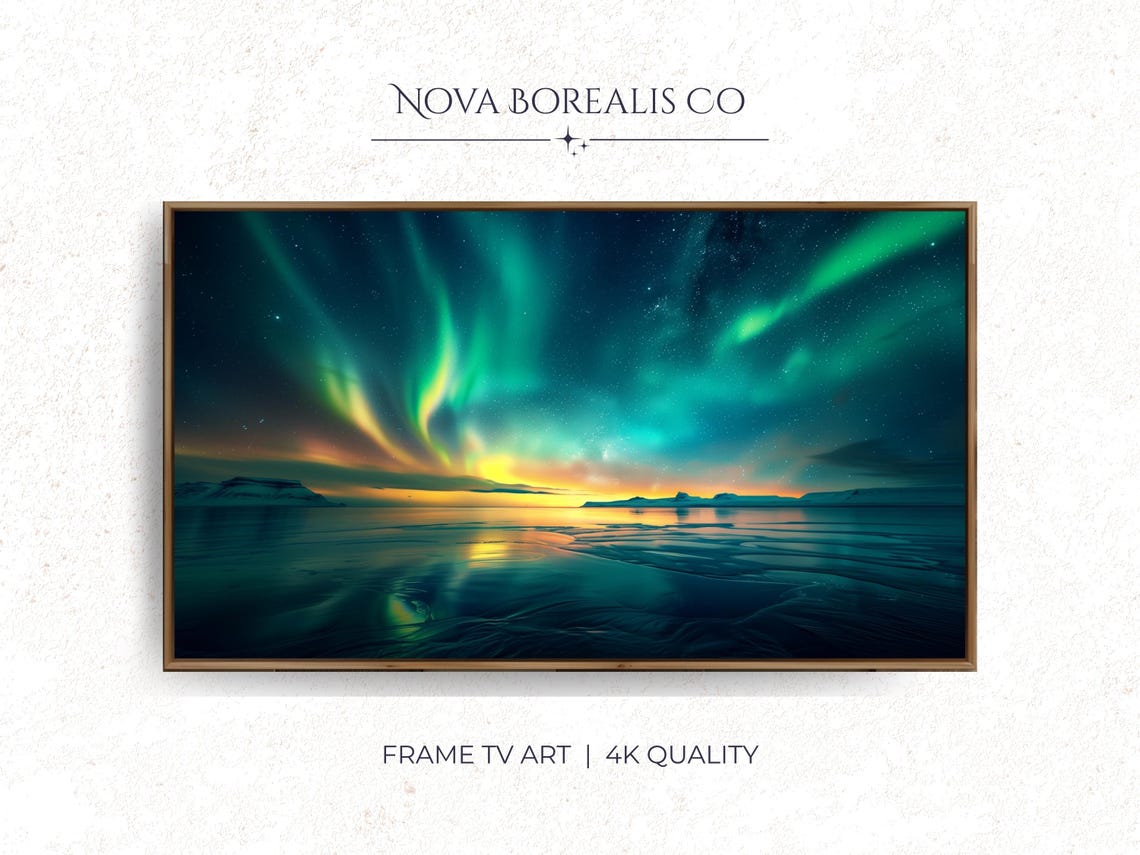 Northern Lights Aurora Green Purple Starry Night Sea Calm Night Poster