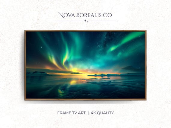 Northern Lights Frame Tv Art Aurora Borealis Calm Night Sky Landscape Vibrant Wall Decor Green Gold 15