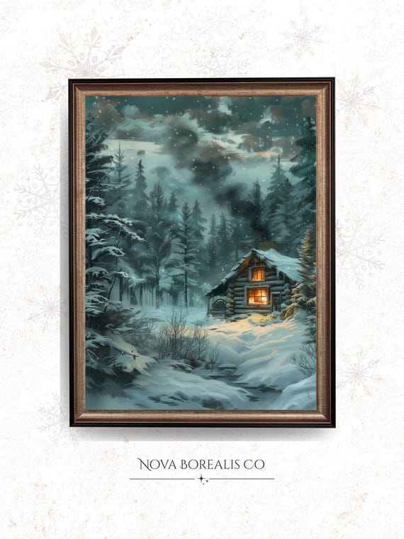 Rustic Winter Cabin Print Cozy In Snowy Pine Forest Glowing Warm Light Painting Atmospheric Wall Art 158