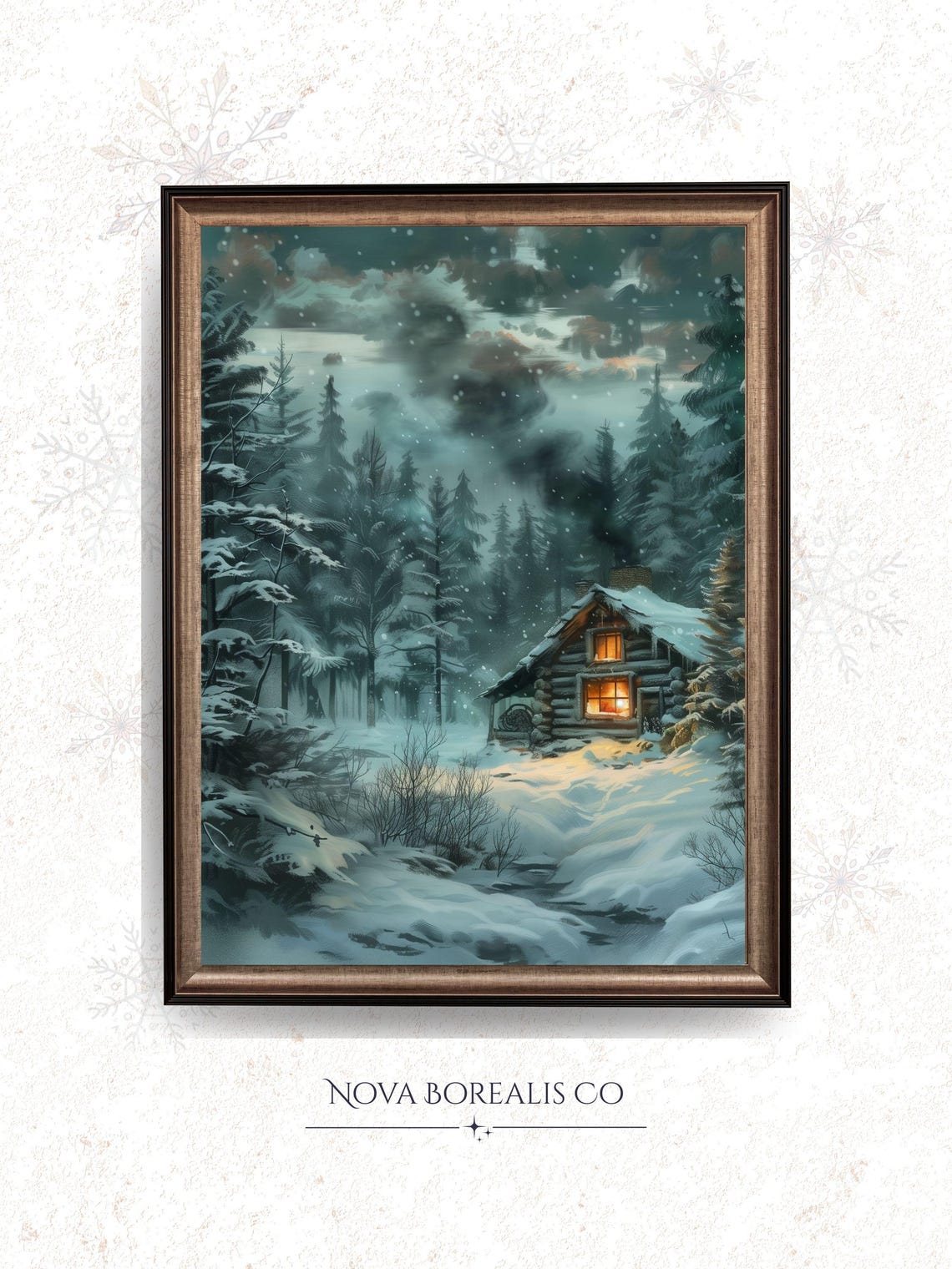 Rustic Winter Cabin Snowy Pine Forest Glowing Lights Night Art Poster