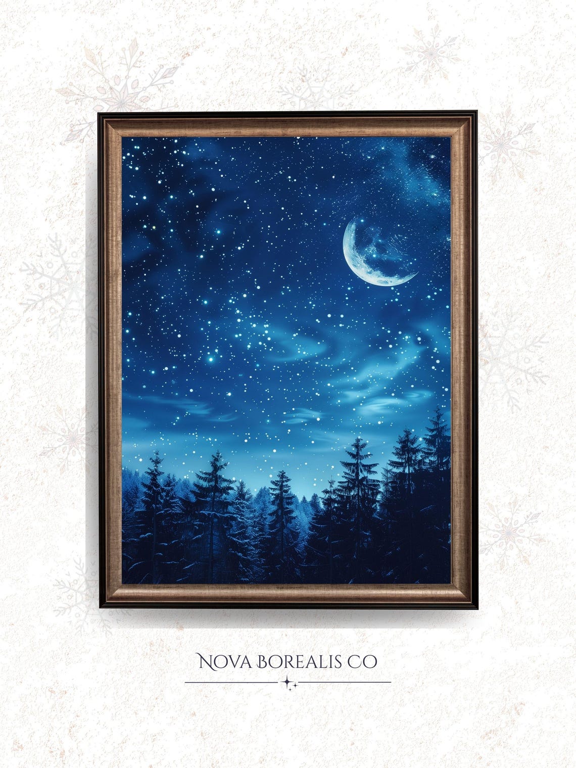 Starry Winter Night Sky Crescent Moon Over Snowy Pine Forest Poster